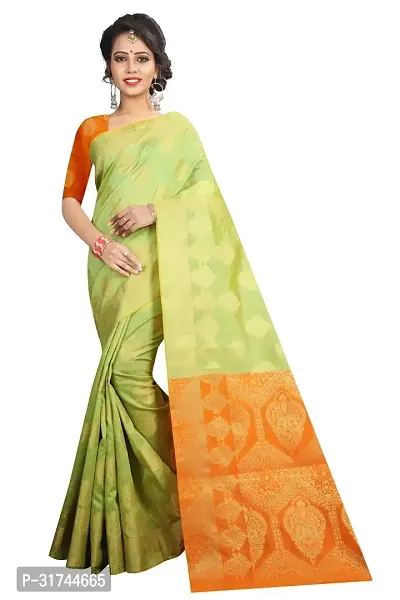 Beautiful Silk Blend Green Woven Design  Saree with Blouse piece For Women