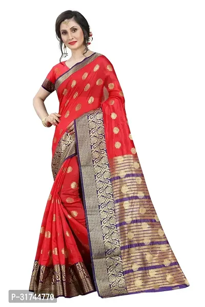 Beautiful Silk Blend Red Woven Design  Saree with Blouse piece For Women