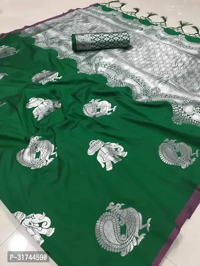 Beautiful Silk Blend Green Woven Design  Saree with Blouse piece For Women