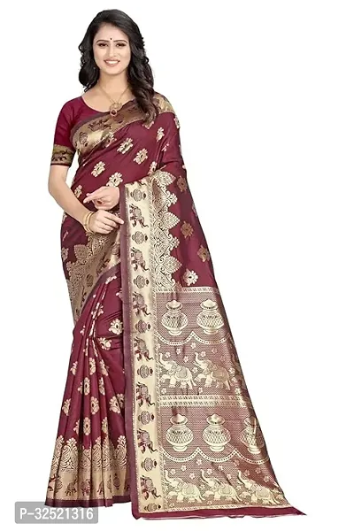 Beautiful Silk Blend Brown Woven Design  Saree with Blouse piece For Women