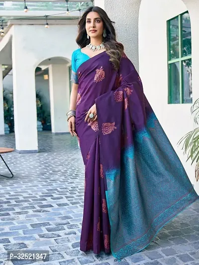 Beautiful Silk Blend Purple Woven Design  Saree with Blouse piece For Women