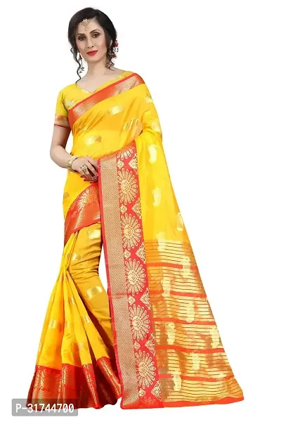 Beautiful Silk Blend Yellow Woven Design  Saree with Blouse piece For Women