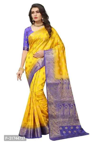 Beautiful Silk Blend Yellow Woven Design  Saree with Blouse piece For Women