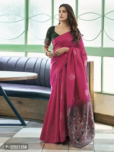 Beautiful Silk Blend Pink Woven Design  Saree with Blouse piece For Women