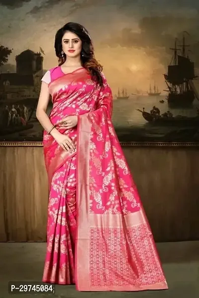 Elegant Pink Silk Blend Saree with Blouse piece For Women-thumb0