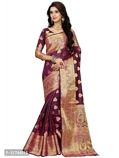 Beautiful Silk Blend Maroon Woven Design  Saree with Blouse piece For Women