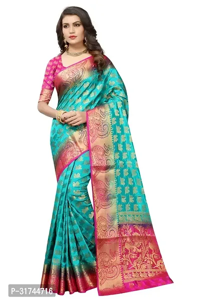 Beautiful Silk Blend Green Woven Design  Saree with Blouse piece For Women