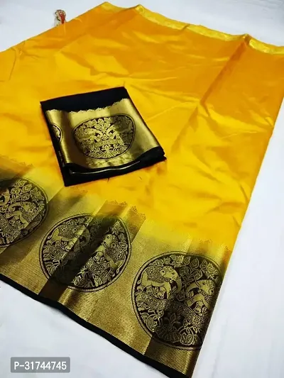 Beautiful Silk Blend Yellow Woven Design  Saree with Blouse piece For Women