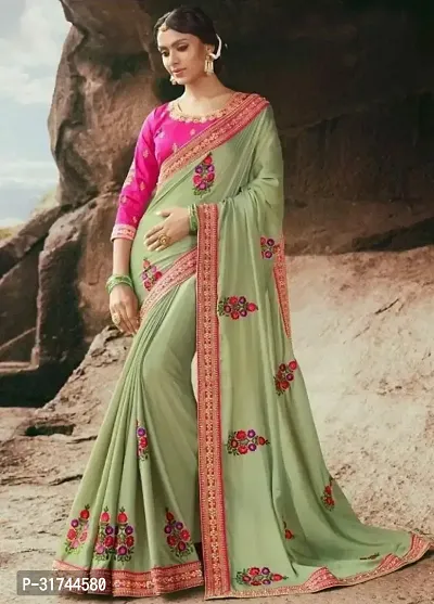 Beautiful Silk Blend Green Embroidered  Saree with Blouse piece For Women