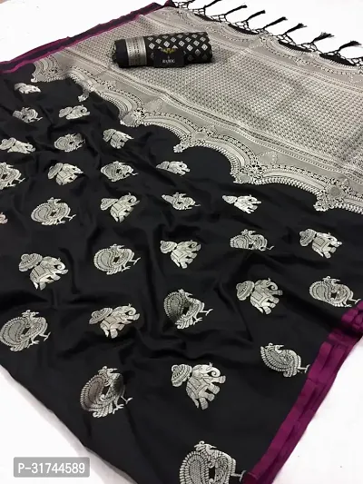 Beautiful Silk Blend Black Woven Design  Saree with Blouse piece For Women-thumb0