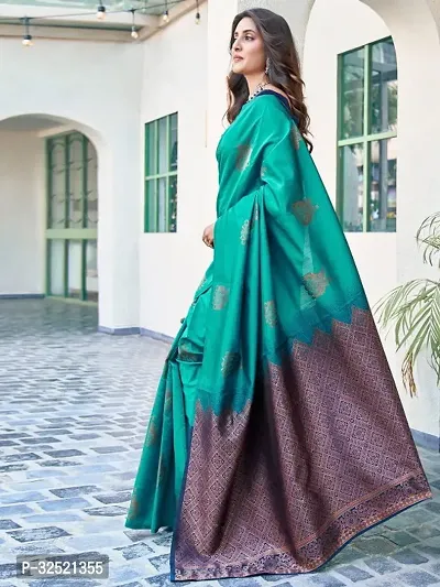 Beautiful Silk Blend Green Woven Design  Saree with Blouse piece For Women