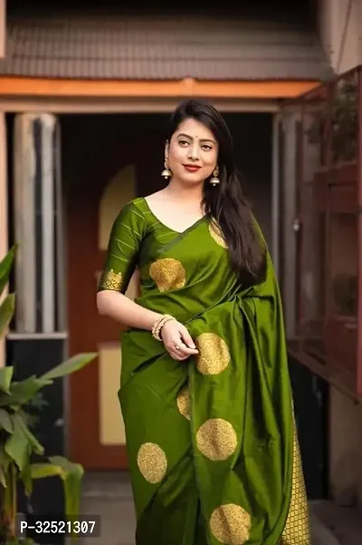 Beautiful Silk Blend Green Woven Design  Saree with Blouse piece For Women-thumb0