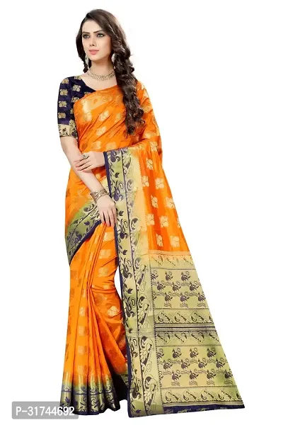 Beautiful Silk Blend Yellow Woven Design  Saree with Blouse piece For Women