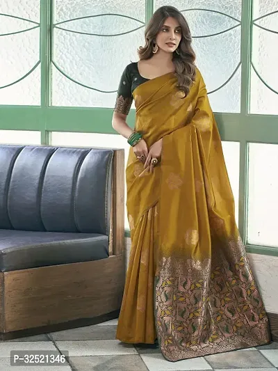 Beautiful Silk Blend Brown Woven Design  Saree with Blouse piece For Women