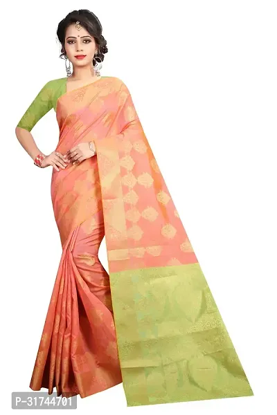 Beautiful Silk Blend Peach Woven Design  Saree with Blouse piece For Women