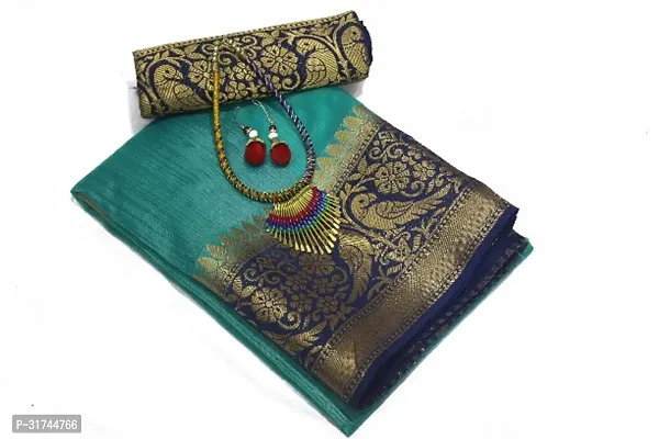 Beautiful Silk Blend Green Woven Design  Saree with Blouse piece For Women