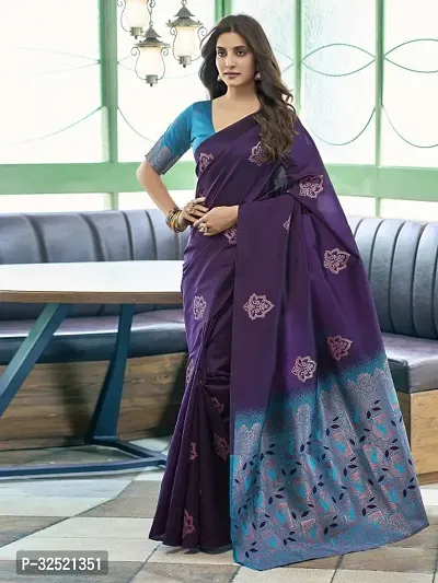 Beautiful Silk Blend Purple Woven Design  Saree with Blouse piece For Women