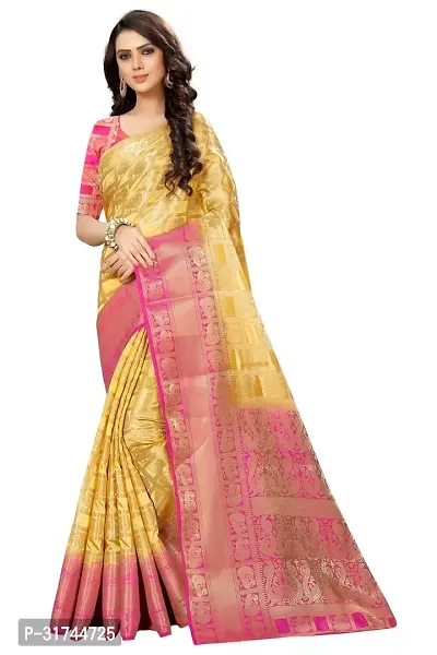 Beautiful Silk Blend Yellow Woven Design  Saree with Blouse piece For Women