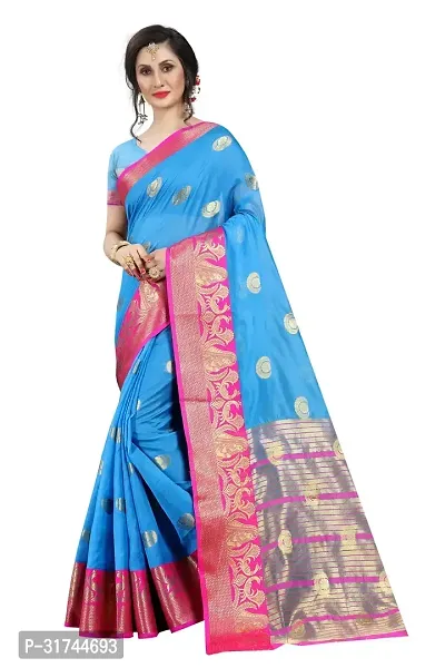 Beautiful Silk Blend Blue Woven Design  Saree with Blouse piece For Women