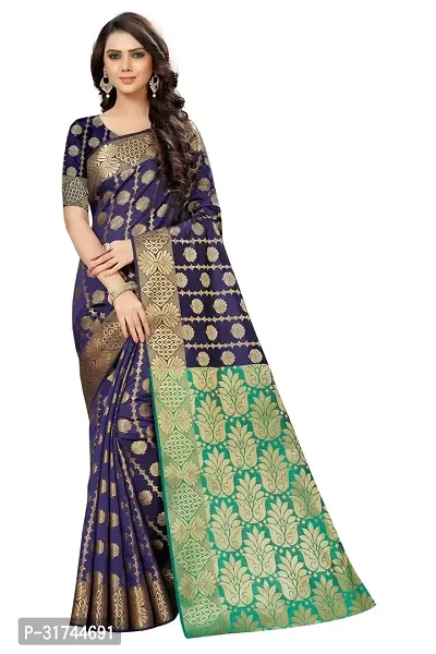 Beautiful Silk Blend Navy Blue Woven Design  Saree with Blouse piece For Women