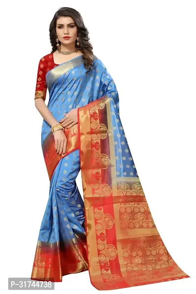 Beautiful Silk Blend Blue Woven Design  Saree with Blouse piece For Women