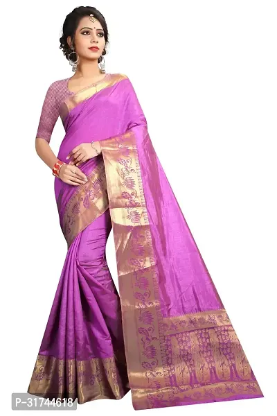 Beautiful Silk Blend Purple Woven Design  Saree with Blouse piece For Women