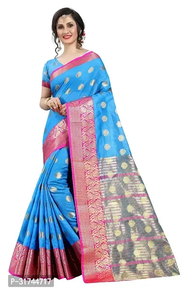 Beautiful Silk Blend Blue Woven Design  Saree with Blouse piece For Women-thumb0