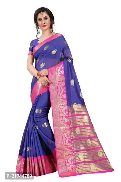 Beautiful Silk Blend Blue Woven Design  Saree with Blouse piece For Women