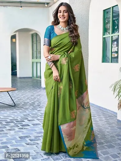 Beautiful Silk Blend Green Woven Design  Saree with Blouse piece For Women