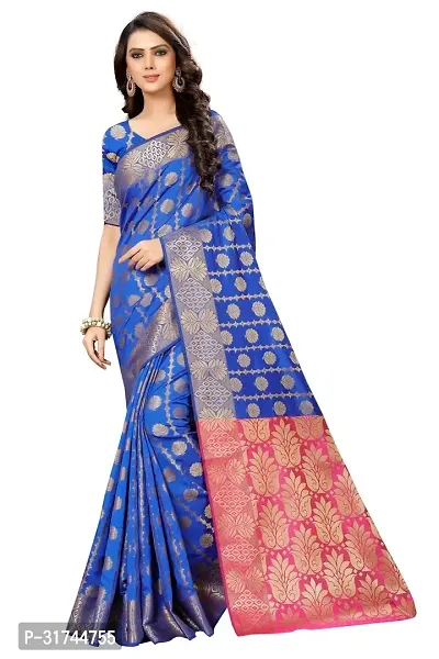 Beautiful Silk Blend Blue Woven Design  Saree with Blouse piece For Women-thumb0