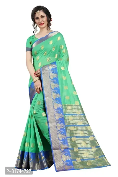 Beautiful Silk Blend Green Woven Design  Saree with Blouse piece For Women-thumb0