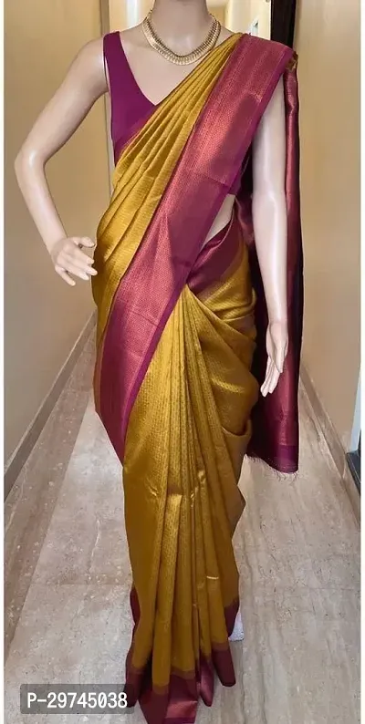 Elegant Yellow Silk Blend Saree with Blouse piece For Women-thumb0