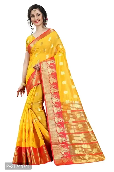 Beautiful Silk Blend Yellow Woven Design  Saree with Blouse piece For Women