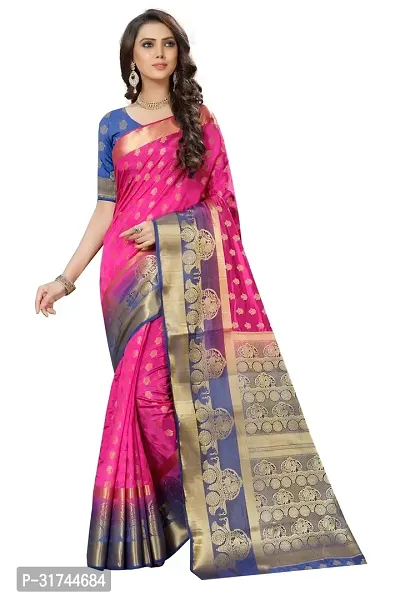 Beautiful Silk Blend Pink Woven Design  Saree with Blouse piece For Women-thumb0