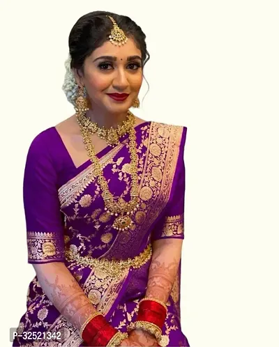 Beautiful Silk Blend Purple Woven Design  Saree with Blouse piece For Women