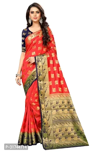 Beautiful Silk Blend Red Woven Design  Saree with Blouse piece For Women