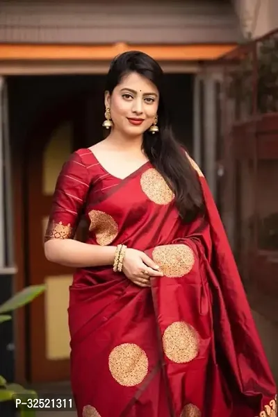 Beautiful Silk Blend Red Woven Design  Saree with Blouse piece For Women