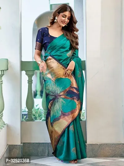 Beautiful Silk Blend Green Woven Design  Saree with Blouse piece For Women