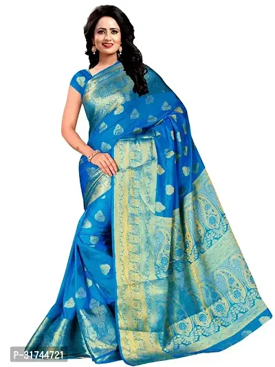 Beautiful Silk Blend Blue Woven Design  Saree with Blouse piece For Women-thumb0