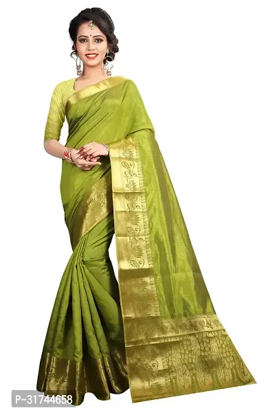 Beautiful Silk Blend Green Woven Design  Saree with Blouse piece For Women-thumb0