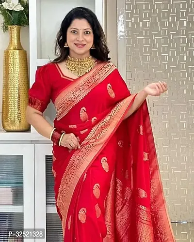 Beautiful Silk Blend Red Woven Design  Saree with Blouse piece For Women-thumb0