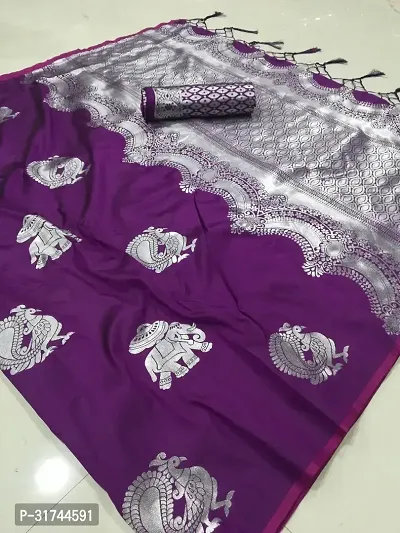 Beautiful Silk Blend Purple Woven Design  Saree with Blouse piece For Women