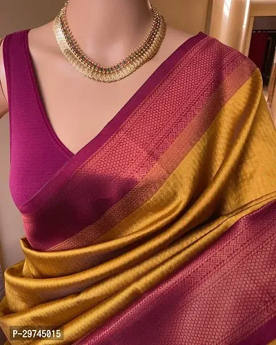 Elegant Yellow Silk Blend Saree with Blouse piece For Women-thumb0