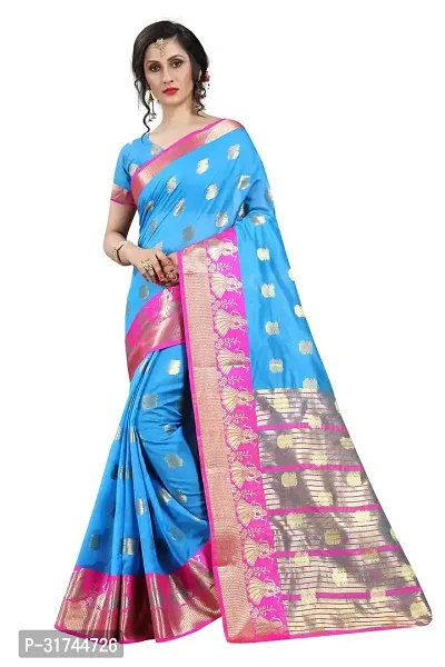 Beautiful Silk Blend Blue Woven Design  Saree with Blouse piece For Women