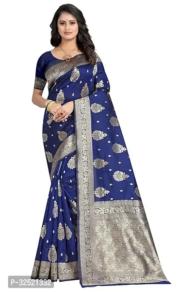 Beautiful Silk Blend Navy Blue Woven Design  Saree with Blouse piece For Women-thumb0