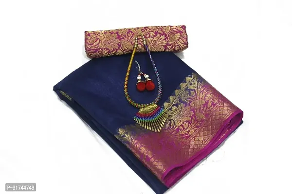 Beautiful Silk Blend Navy Blue Woven Design  Saree with Blouse piece For Women