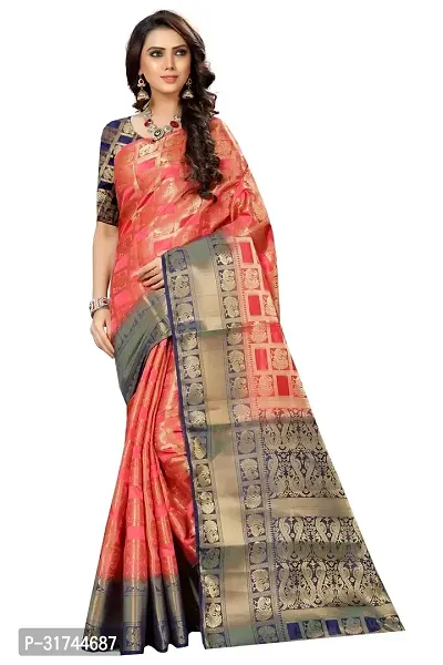 Beautiful Silk Blend Orange Woven Design  Saree with Blouse piece For Women