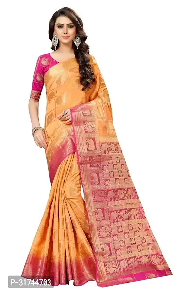 Beautiful Silk Blend Yellow Woven Design  Saree with Blouse piece For Women