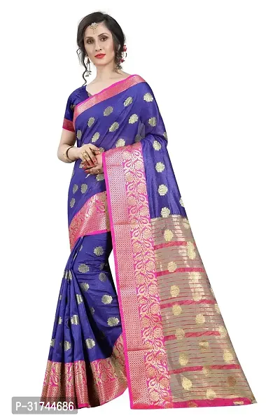 Beautiful Silk Blend Navy Blue Woven Design  Saree with Blouse piece For Women