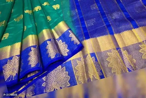 Beautiful Silk Blend Green Woven Design  Saree with Blouse piece For Women